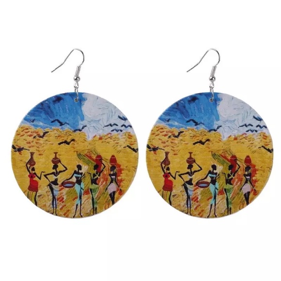 2/$25💛 Yellow Painted African Art Wooden Earrings - Picture 8 of 8
